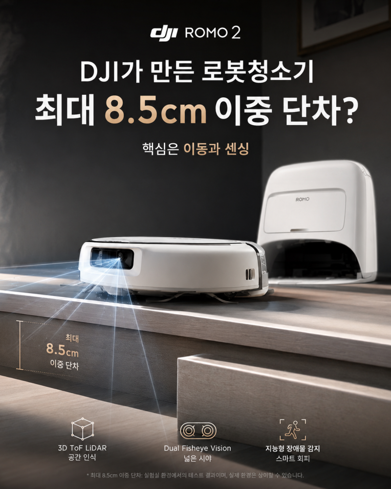 DJI ROMO 2 공개｜8.5cm 단차·36,000Pa, 드론 회사 로봇청소기는 뭐가 다를까?