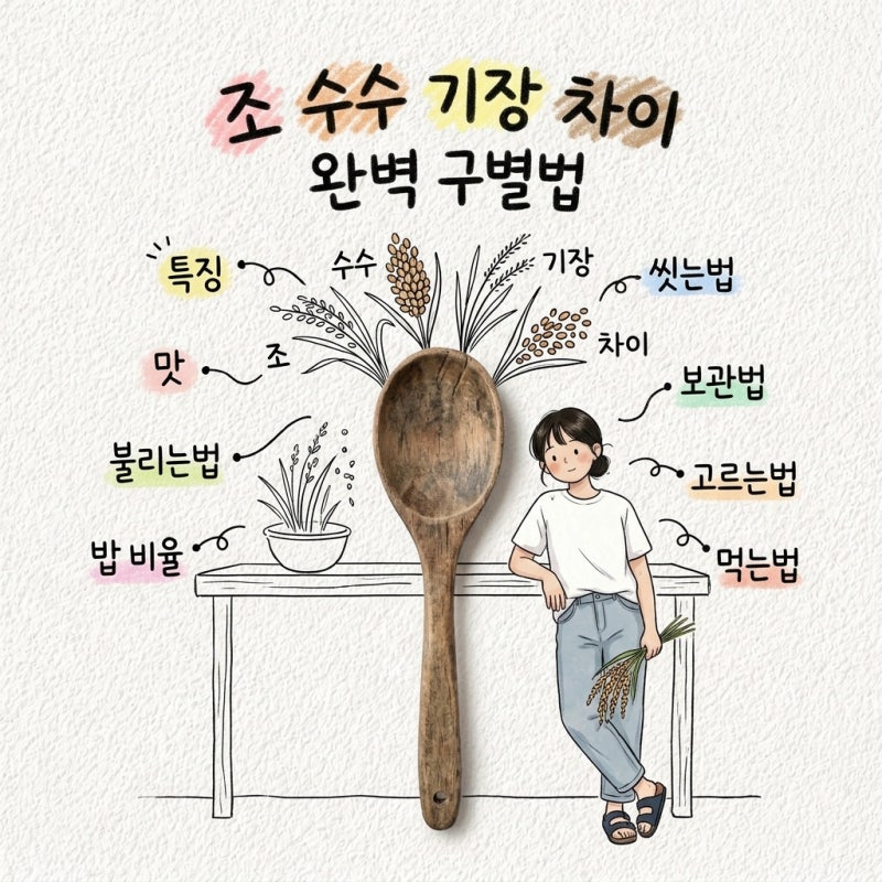 조 수수 기장 차이 구별법 특징 맛 불리는법 밥 비율 씻는법 보관법 고르는법 먹는법