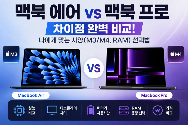 맥북 에어 vs 맥북 프로 차이점 완벽 비교! 나에게 맞는 사양(M3/M4, RAM) 선택법