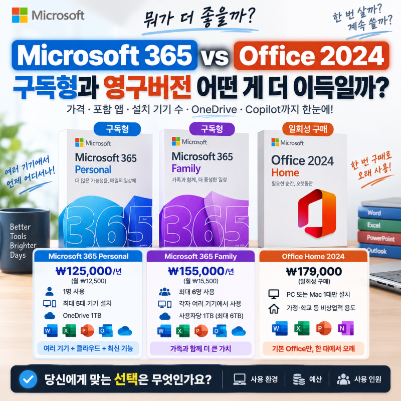 Microsoft 365 Office 2024 차이, 구독형과 영구버전 어떤 게 더 이득일까?