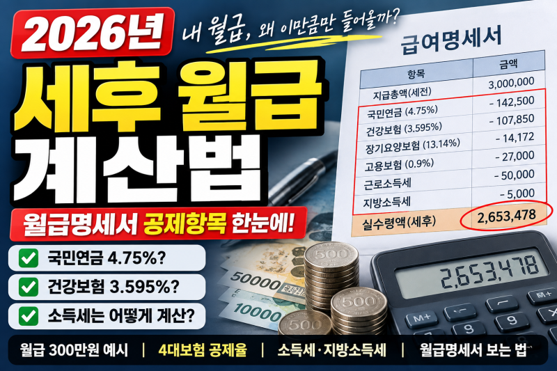 2026 세후 월급 계산법｜월급명세서 국민연금 4.75%·건강보험·소득세 공제 보는 법
