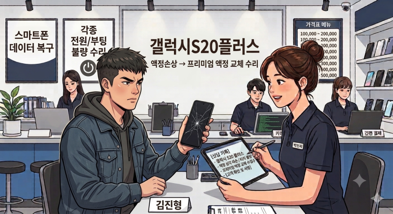 [갤럭시액정수리] 갤럭시 S20 플러스 부분 터치 불량, 프레임 일체형 프리미엄 액정 교체로 완....