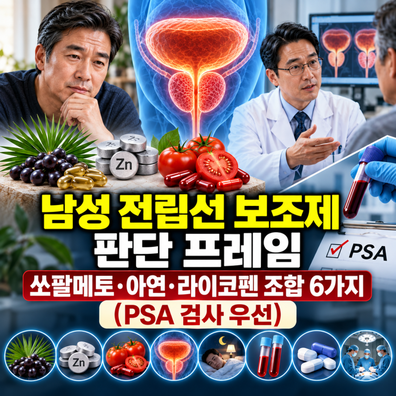 남성 전립선 보조제 판단 프레임, 쏘팔메토·아연·라이코펜 조합 6가지 (PSA 검사 우선)