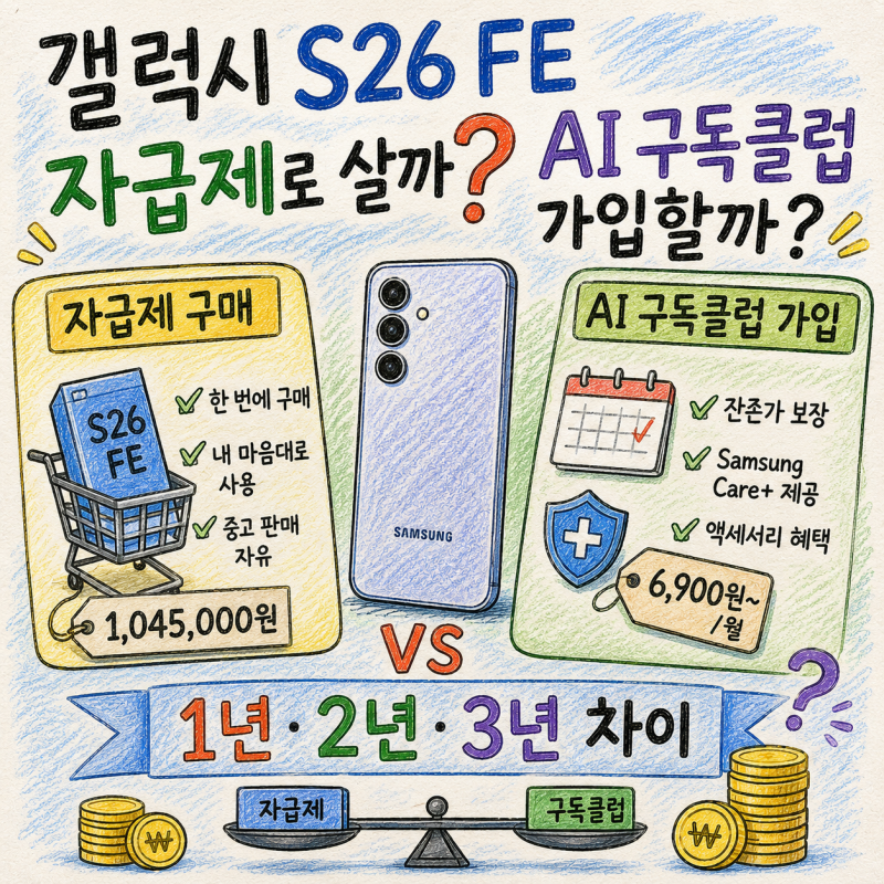 갤럭시 S26 FE 자급제로 살까 AI 구독클럽 가입할까? 1년·2년·3년 차이