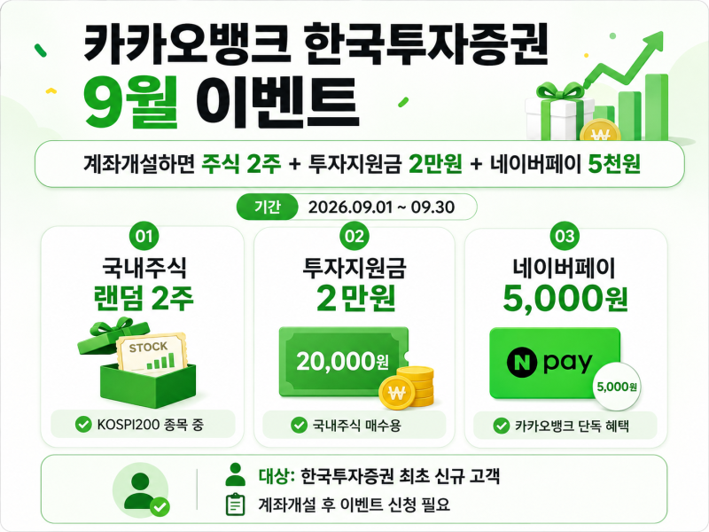 카카오뱅크 한국투자증권 이벤트｜계좌개설하면 주식 2주+2만원+네이버페이 5천원