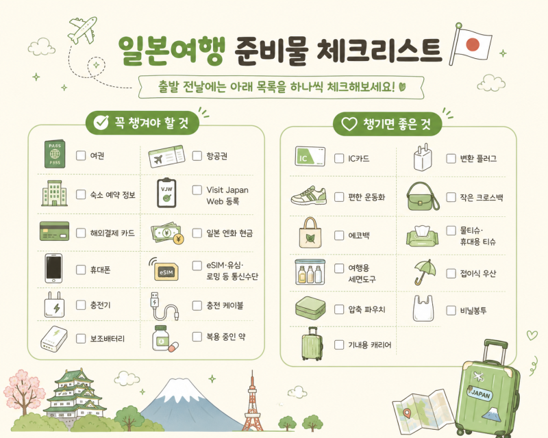 일본여행 준비물 체크리스트｜여권부터 보조배터리·eSIM까지 꼭 챙겨야 할 것과 챙기면 좋은....