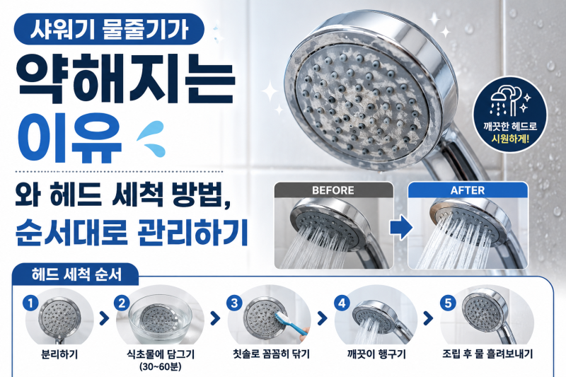 샤워기 물줄기가 약해지는 이유와 헤드 세척 방법, 순서대로 관리하기