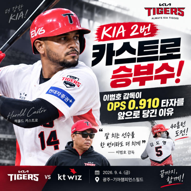KIA 2번 카스트로 승부수…<b>이범호</b> 감독이 OPS 0.910 타자를 앞으로 당긴....