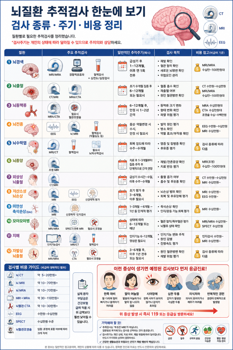 추적검사 필요한 뇌질환 및 검사주기,비용,종류