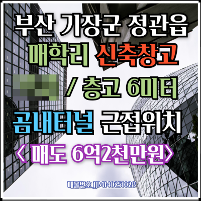[매매] 부산 기장 정관 신축창고 181㎡(55평) 매매, 정관곰네터널 근접위치로 교통좋음, 층고 6미터 내부 공실 즉시입주가능 공장용도변경가능