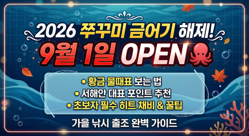 [가을 낚시/여행] 2026 쭈꾸미 금어기 해제! 물때표·추천 포인트·채비 꿀팁 총정리