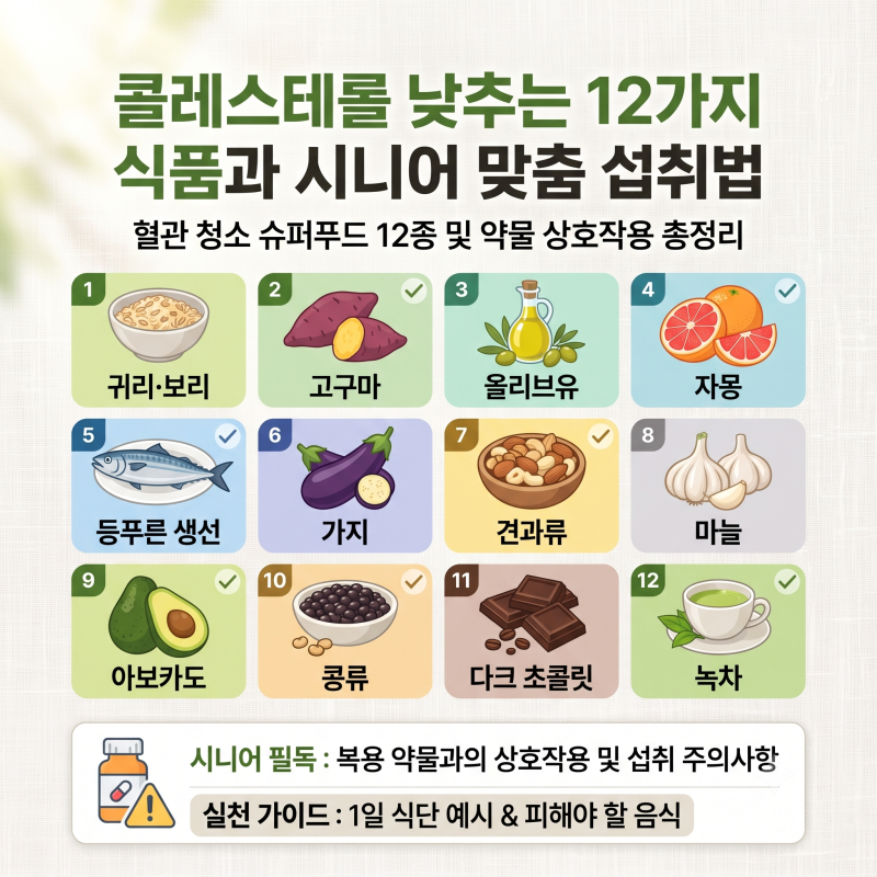 콜레스테롤 낮추는 12가지 슈퍼푸드 총정리 (약물 상호작용 & 1일 식단표 포함)