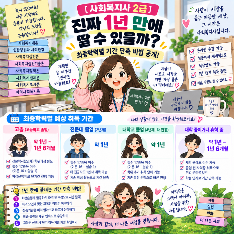 [사회복지사 2급] 진짜 1년 만에 딸 수 있을까? 최종학력별 기간 단축 비법 공개