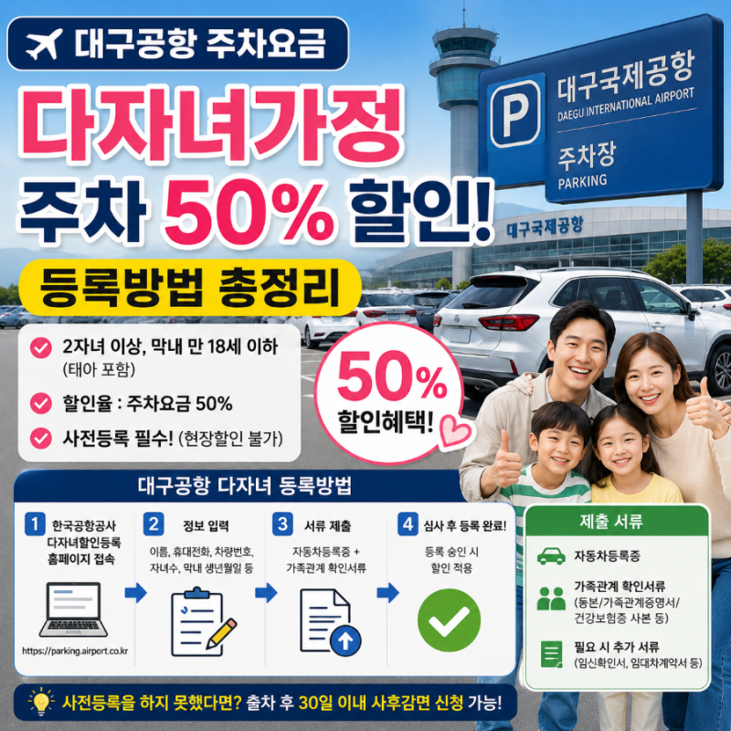 “아이 둘이면 대구공항 주차비 반값? 다자녀 등록방법 확인하세요”