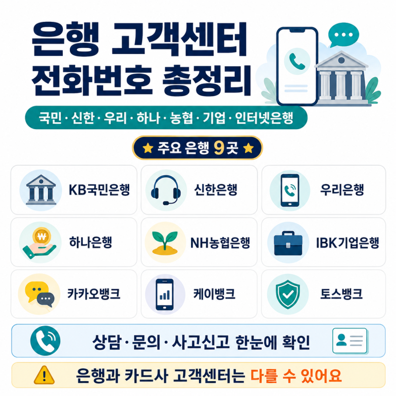 은행 고객센터 전화번호 총정리｜국민·신한·우리·하나·농협·기업·인터넷은행 , ARS 바로....