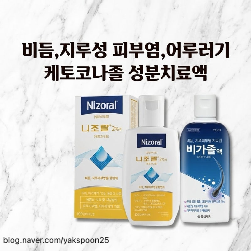 약국 비듬 치료액 : 비가졸액, 니조랄 2%액 (케토코나졸 성분)