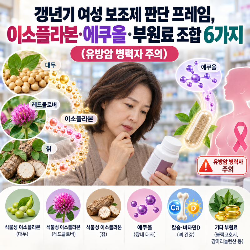 갱년기 여성 보조제 판단 프레임, 이소플라본·에쿠올·부원료 조합 6가지 (유방암 병력자 주....