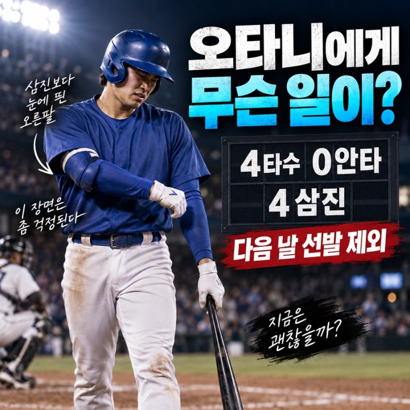 오타니 쇼헤이 4삼진 뒤 오른팔 털고 얼굴 찡그렸다, 다음 날 선발 제외… 무슨 일?