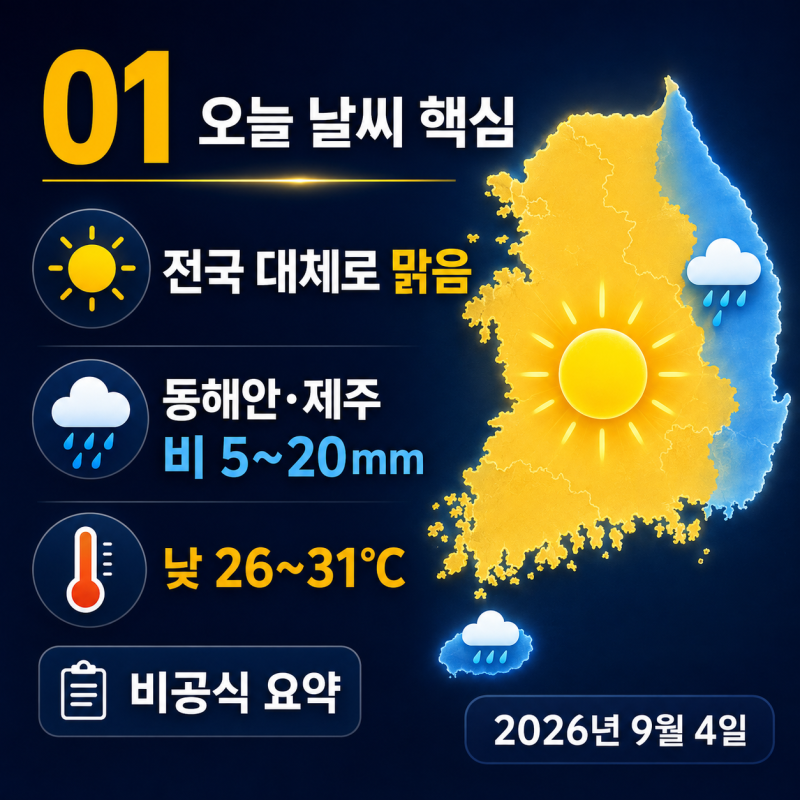 [2026년 9월 4일] 오늘 전국 날씨 브리핑｜동해안·제주 비, 강풍·풍랑과 지역별 기온 전망