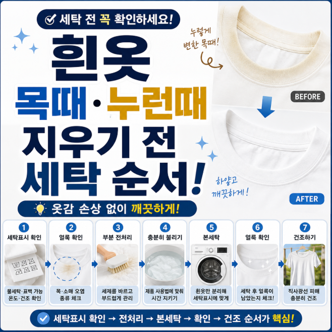 흰옷 목때·누런때 지우기 전 확인할 세탁 순서