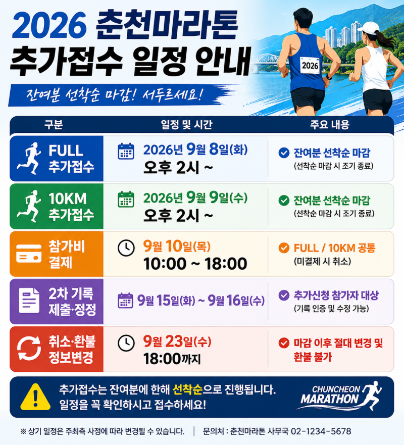 2026 춘천마라톤 추가접수 1분 마감 대비｜풀(FULL )9월 8일·10KM 9월 9일 접수 시간 단축 꿀팁