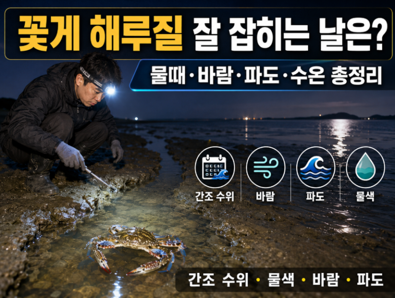 꽃게 해루질 잘 잡히는 날은 따로 있다?｜물때·수온·바람·파도 조건 총정리