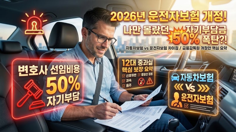 "사고 한번에 억대 생돈 날린다?" 2026년 운전자보험 필수 비교 & 변호사비용 자기부담 50% 개정....