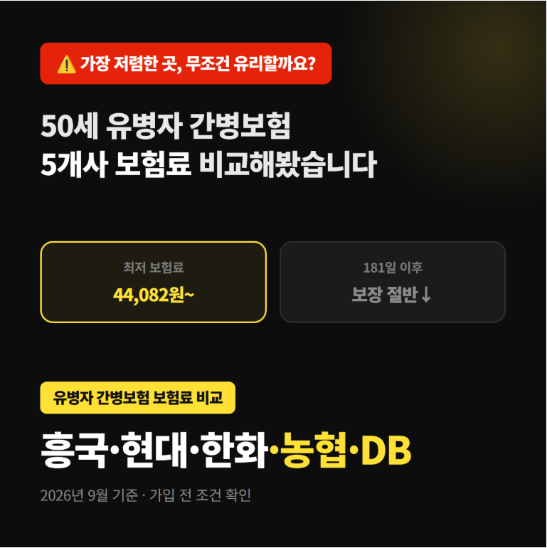 50세 유병자 간병보험 보험료 비교(2026년 9월 기준) — 흥국화재·현대해상·한화손해·농협생....