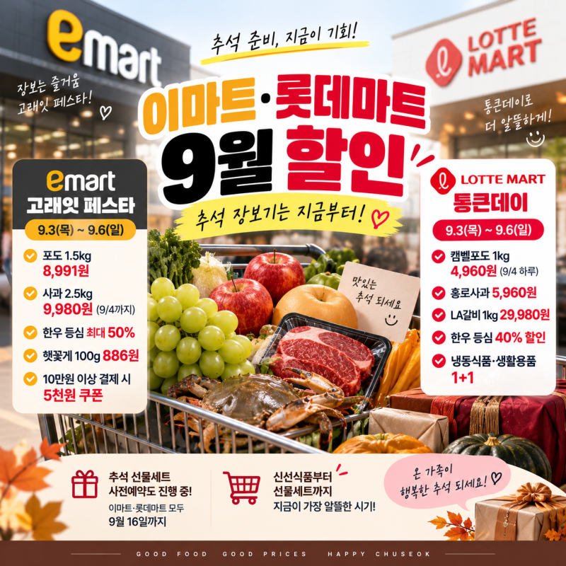2026 이마트·롯데마트 9월 할인｜추석 전 장보기 9/3~6 최대 반값 세일 총정리
