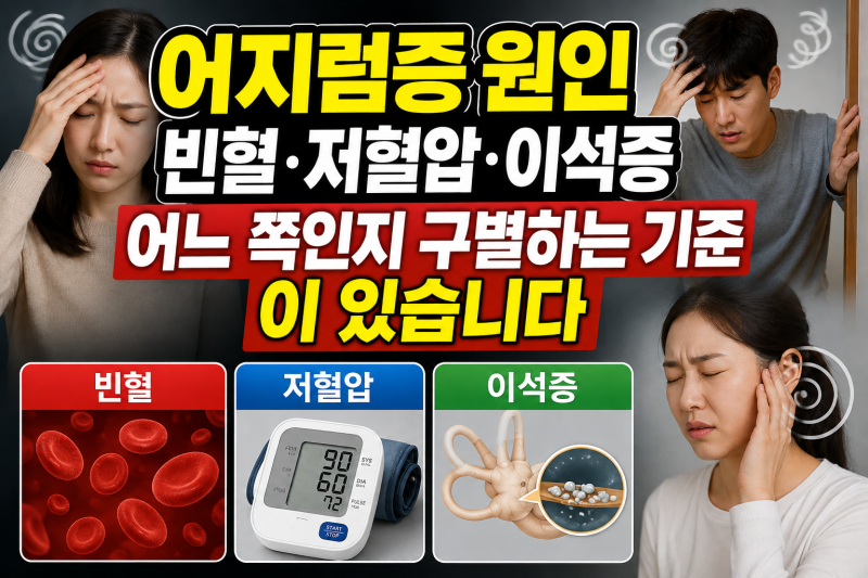 어지럼증원인 — 빈혈·저혈압·이석증 중 어느 쪽인지 구별하는 기준이 있습니다
