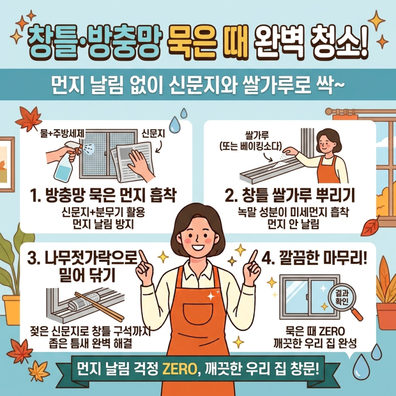 방충망·창틀 청소 꿀팁! 신문지와 쌀가루로 먼지 날림 없이 묵은 때 싹 잡는 법