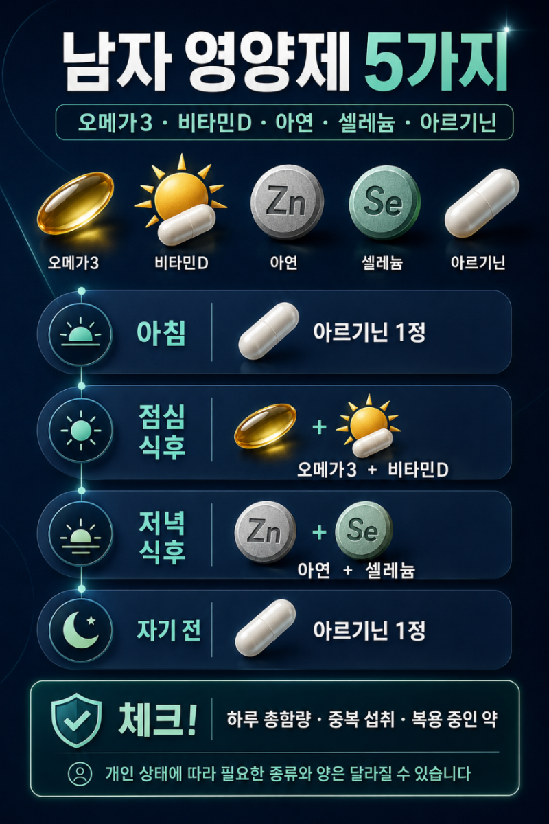 남자 영양제 조합 추천｜오메가3·비타민D·아연·셀레늄·아르기닌 복용법