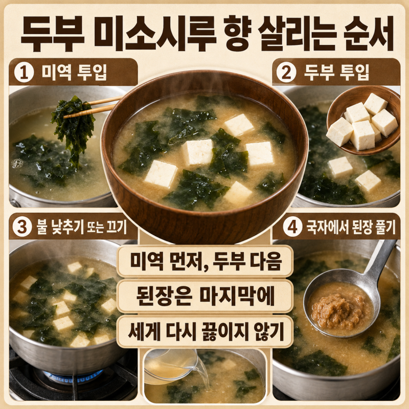 일식레시피 두부 미소시루, 된장을 넣고 팔팔 끓이면 왜 향이 약해질까? 불 끄기 직전 푸는 ....