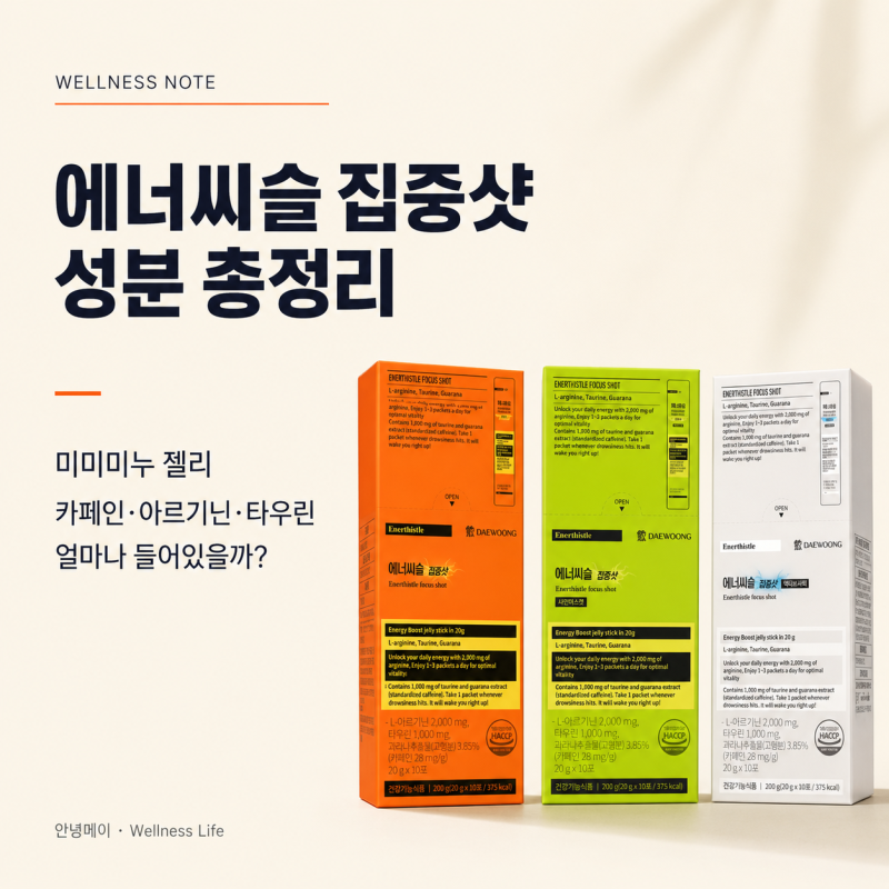 에너씨슬 집중샷 성분 총정리｜미미미누 젤리 카페인·아르기닌·타우린 얼마나 들어있을까?