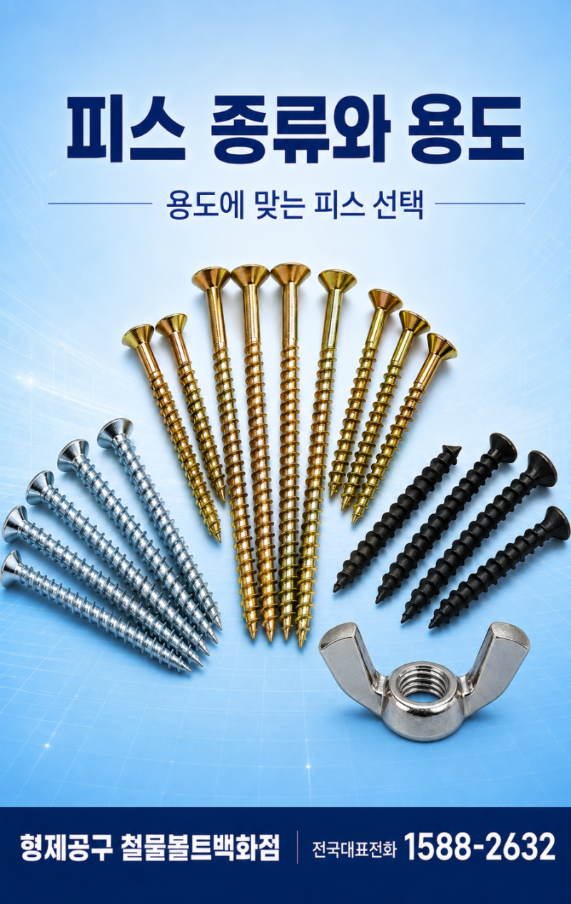 피스종류와 용도 ㆍ용도에 맞는 피스 선택 중요ㆍ도금색상ㆍ황색 ㆍ은색 ㆍ착색ㆍ니켈 ㆍ금....