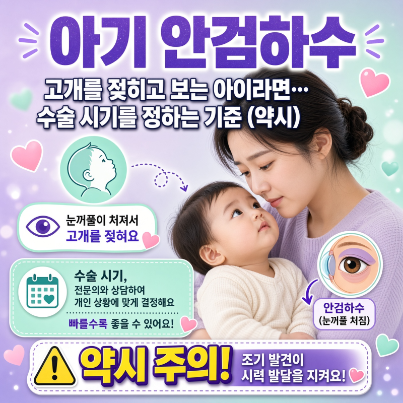 아기 안검하수, 고개를 젖히고 보는 아이라면… 수술 시기를 정하는 기준 (약시)