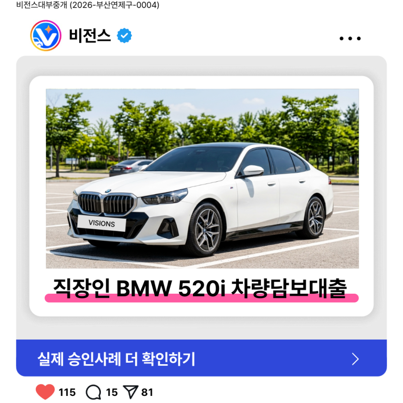 [승인후기] 20대 직장인 BMW 520i 차량담보대출 3,000만원 승인 (대환·추가대출)