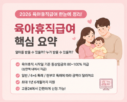 육아휴직급여 2026 총정리｜월 최대 450만원, 6+6부터 신청방법/육아지원금 모의계산기까지