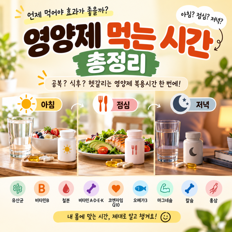 영양제 먹는 시간 총정리｜아침·점심·저녁? 공복·식후? 9가지 복용시간 정리(비타민B,C,D 먹....