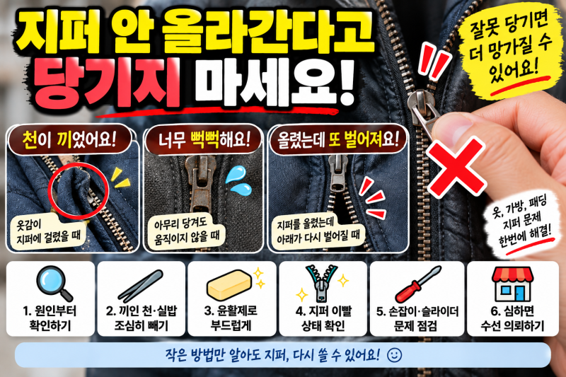 지퍼가 안 올라갈 때 해결방법｜뻑뻑하거나 천이 끼었을 때 이렇게 해보세요