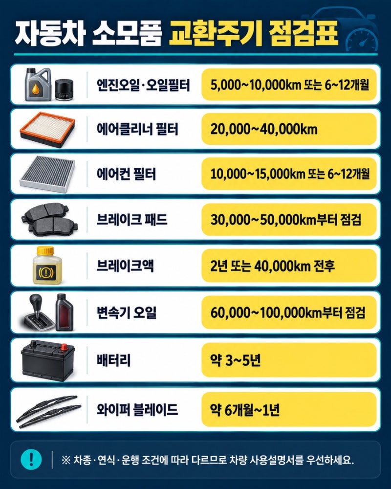 자동차 소모품 교환주기 총정리｜엔진오일부터 타이어까지