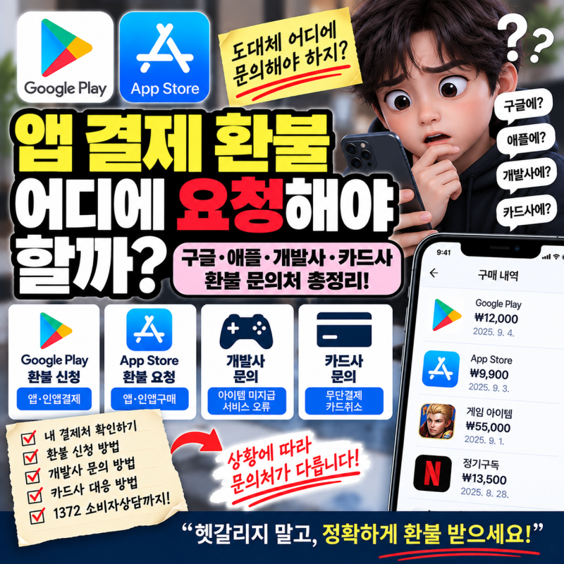 앱 결제 환불 어디에 요청해야 할까?｜구글·애플·개발사·카드사 환불 문의처 총정리