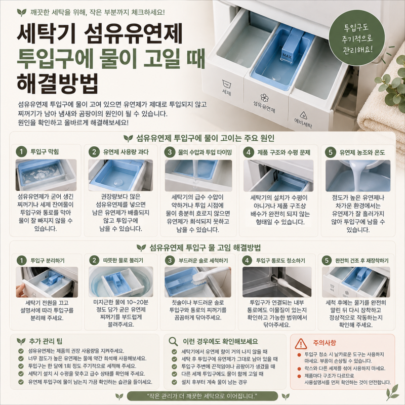 세탁기 섬유유연제 투입구에 물이 고일 때 해결방법, 원인부터 세제통 청소까지