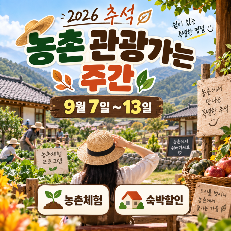 2026 추석 농촌 체험 관광가는 주간(9월 7일~13일, 체험·숙박 최대 30% 할인)