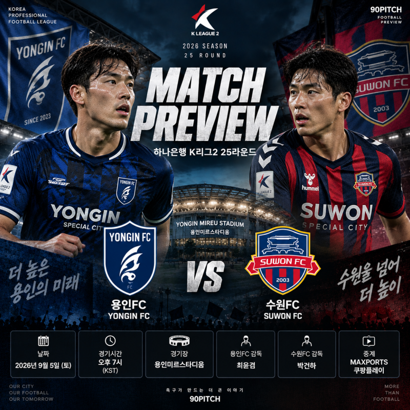 K리그2 프리뷰｜9월 5일 용인FC vs 수원FC 경기 중계 예상 라인업 승부예측