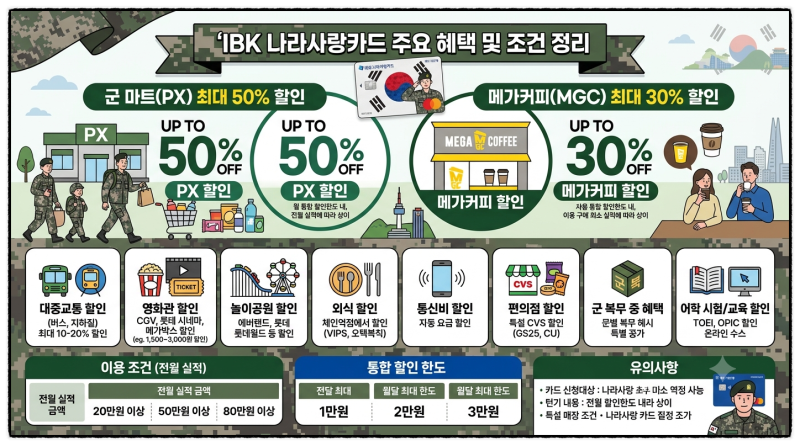 군인이라면 PX 최대 50%, MGC 메가커피 최대 30% 할인까지? IBK 나라사랑카드의 주요 혜택, 조건 ....