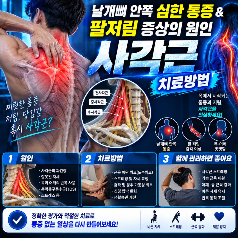 날개뼈 안쪽 심한 통증과 팔저림, 사각근이 원인일 수 있을까요?