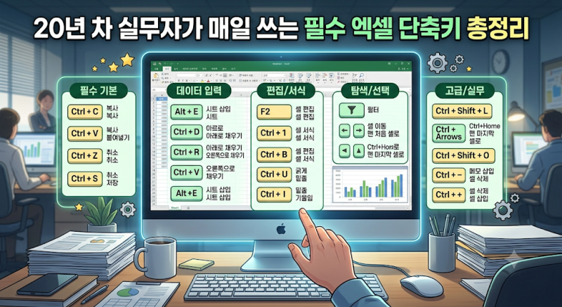 [엑셀 치트키] 20년 차 실무자가 매일 쓰는 필수 엑셀 단축키 총정리 (칼퇴를 부르는 모음집)
