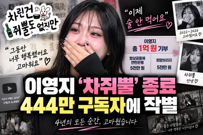 이영지 ‘차쥐뿔’ 종료, 444만 구독자에 작별…1억 원 기부까지