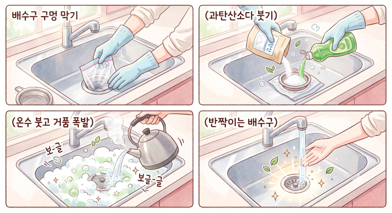 싱크대 배수구 냄새 없애기 2탄: 과탄산소다 발포 세척법 (손 안 대고 끝내는 꿀팁)